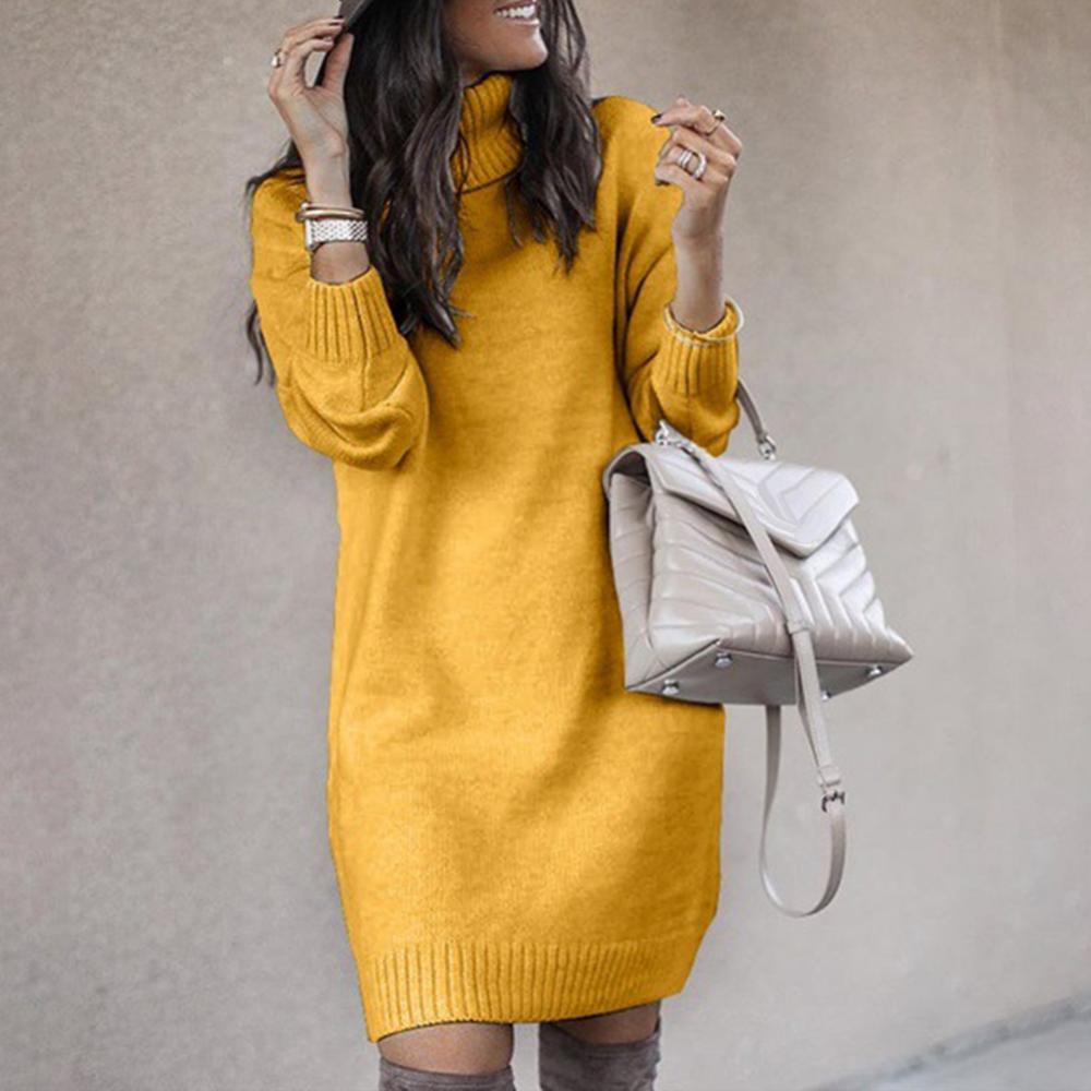 Women Winter Loose Dress Knee-length Dress Women Long Sleeve Autumn Turtleneck Warm Knitted Sweater Knee-length Dress - Seprincess