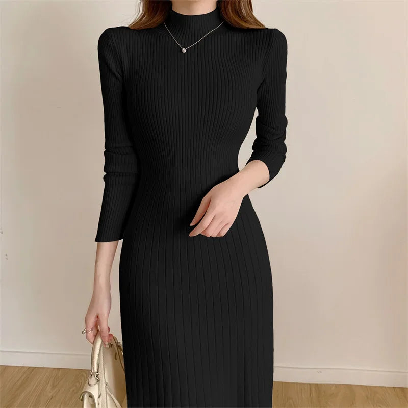 Autumn Winter 2024 Slim Long Sleeve Party Midi Dress for Women Knitted Half High Collar Elegant Knitted Sweater Dresses Ladies - Seprincess