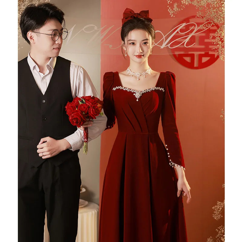 Burgundy Velvet Prom Dresses Square Collar Long Sleeve Pearl Crystal Long Engagement Dress Plus Size Female Formale Gowns - Seprincess