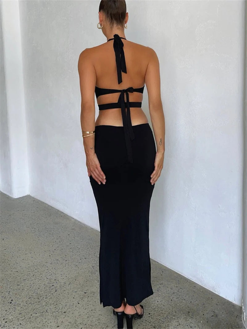 Sexy Cutout Halter Neck Backless Maxi Dress Tie-Up Black Elegant Cocktail Party Dresses for Women Clothing 2023 Autumn Fashion - Seprincess