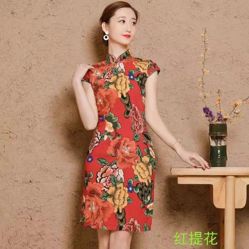 Black Red Nightingale Chinese Cheongsam Dress Stretch Cotton And Linen Chipao 5xl 4xl Sexy Traditional Vintage Qipao - Seprincess