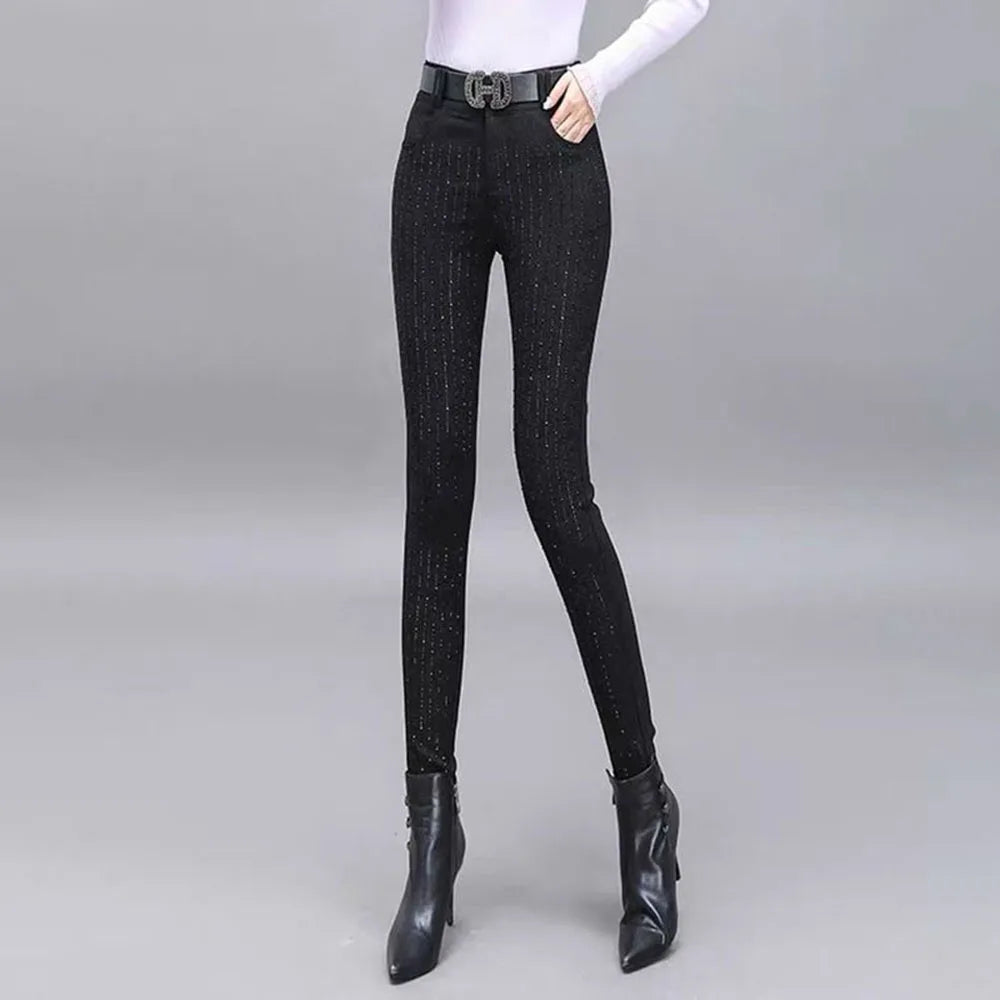 Rhinestone Black Denim Pencil Pants Women's Jeans Autumn New European Elastic Slim Fit High Waisted Strech Jean Pants for Women