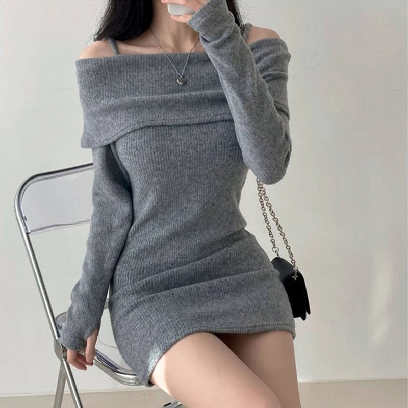 Y2K Women Knitted Mini Dress Korean Sexy Off Shoulder Female Dress Spring New Spaghetti Strap Long Sleeve Ladies Vestidos - Seprincess