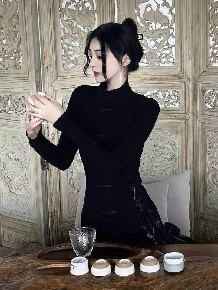 2024 autumn new chinese style women's oriental style long sleeve dress velvet black dress lady sexy slim cheongsam dress - Seprincess