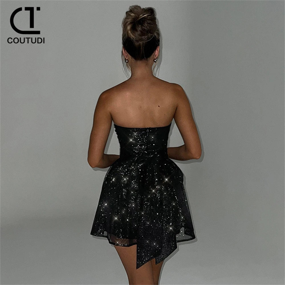 COUTUDI 2024 Women Sexy Sequin Dress Chest Wrapping Party Dress Women Elegant Backless Mini Dress Short Evening Gown Vestidos - Seprincess