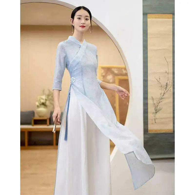 Modified Style Cheongsam Young Simple Elegant Retro Chinese Style Modern Long Qipao High-end Oriental Wedding Party Floral Dress - Seprincess