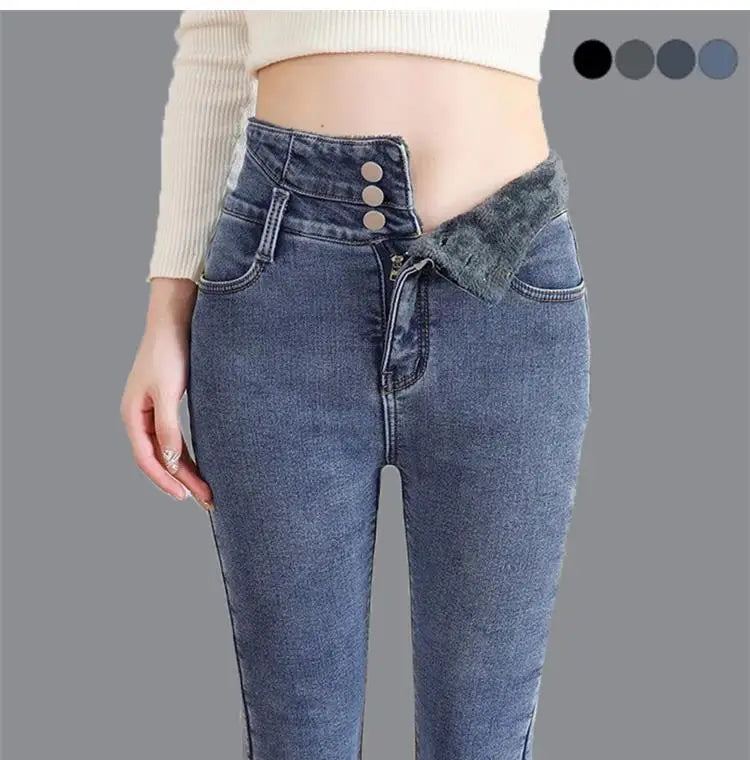 Epligg Thermal Winter Thick Women Stretch Button Pencil Pants Velvet Casual Jeans Thick Fleece High-waist Warm Skinny Jeans