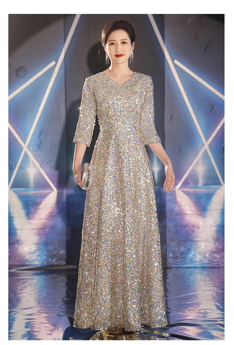 Shiny Sequin Mother Of the Groom Dresses 2024 New Elegant V-Neck Floor-Length Long Wedding Party Gowns With Sleeves - Seprincess