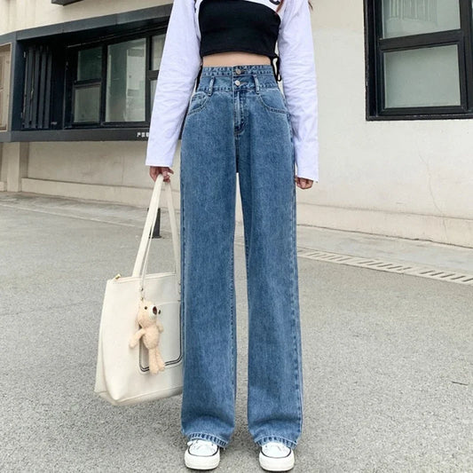 Woman High Waist Wide Leg Jeans Girls Fashion loose Straight Leg Pants Female Streetwear Light Blue Retro Blue Denim Trousers