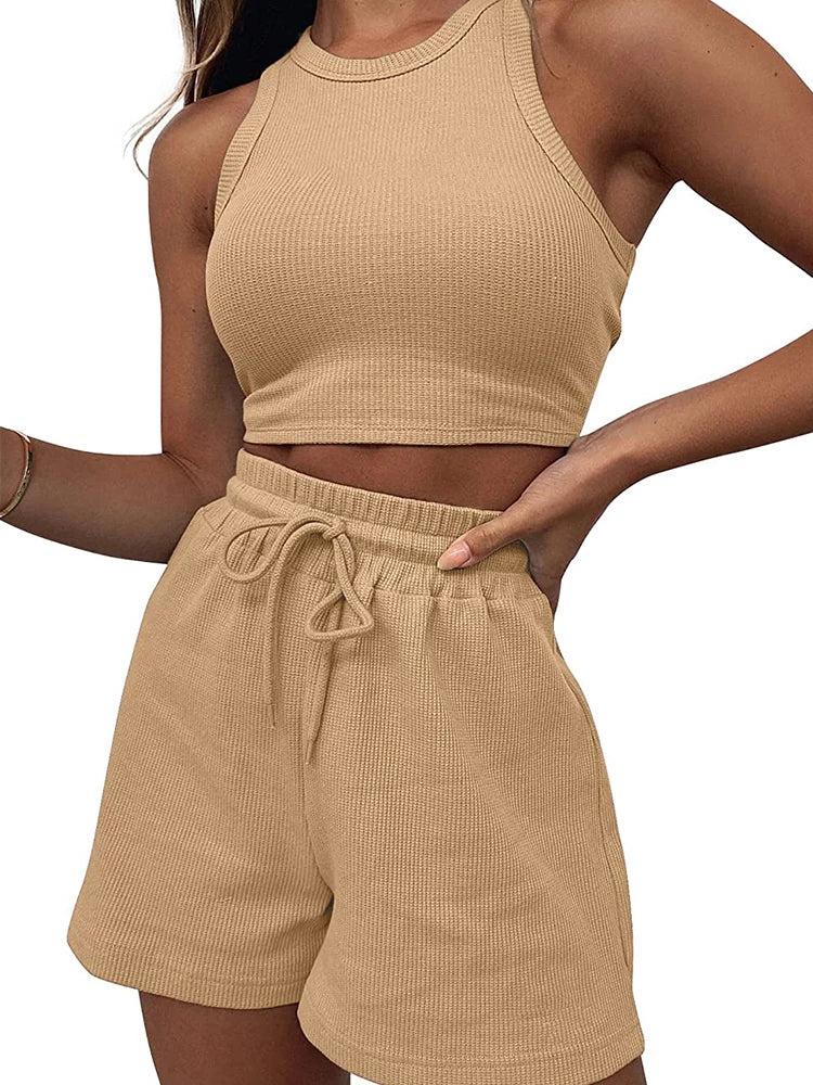 2024 Summer New Sleeveless Waffle Elegant Women's Sets Solid Color Sexy Waist Vest Casual Tethered Shorts Female's Two-Piece Set