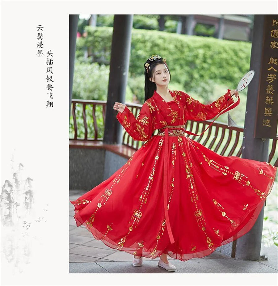 Chinese Hanfu Dress Women Traditional Vintage Hanfu Halloween Cosplay Costume Dance Dress Hanfu Gradient Red white 4pcs Sets - Seprincess