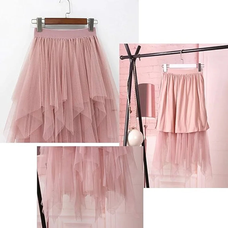 Women's Tulle Skirt Formal High Low Asymmetrical Midi Length Elastic Waist Tutu Layered Puffy Fairy Ball Gown Skirts Streetwear - Seprincess