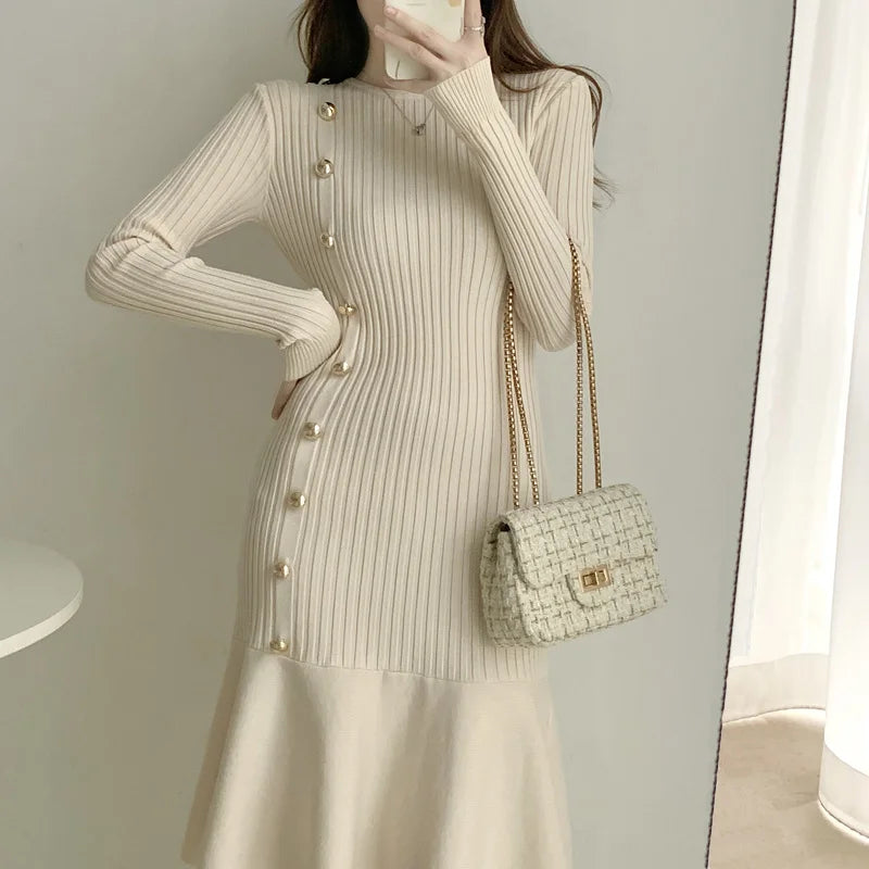 Autumn Warm Korean Fashion Woman Elegant Clothing Knitted Vintage Dresses Sweater Dress Femme Winter Vestido Feminino Thicken - Seprincess