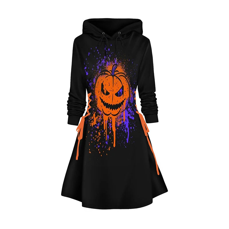 Dressfo 2024 Womens Gothic Hoodie Dress Cat Hat Moon Print Lace Up Long Sleeve A Line Mini Dress Christmas Sweatshirt Dresses - Seprincess