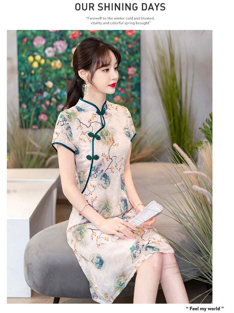 Fashion Modern Chinese Cheongsam A-line Dress Women Short Sleeve Qipao Traditional Chinese Clothes - Seprincess