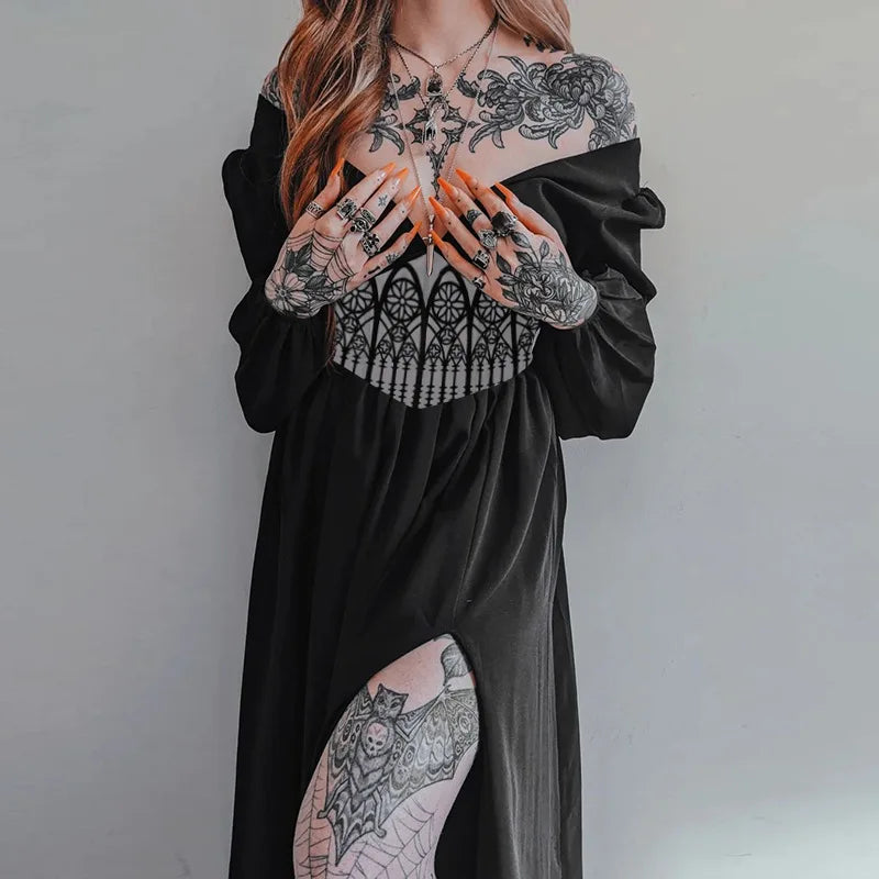 Fashion Hipster Slim Print Waist Big V-neck Dress Woman Halloween Party Black Dress Mysterious Witch Renaissance Daily Cosplay - Seprincess