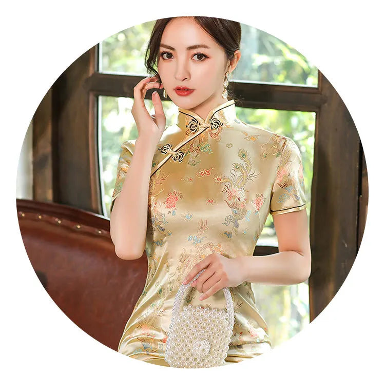 Large Size Sexy Slim Long Qipao Dress Women Retro Elegant Cheongsam Short Sleeve Brocade Dragons and Phoenixes Clothes Vestidos - Seprincess