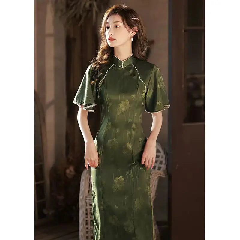 Cheongsam Dress Modern 2024 Women Improved Qipao New Long Waist Chinese Style Dress Sweet Green Chinese Dress Woman - Seprincess