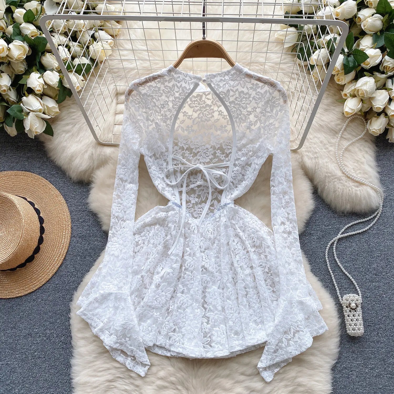 Women's Autumn Mesh Lace Hollow Out White Short Dress Women Micro Flare Sleeve See Through Translucent Sexy Girl's Mini Dress - Seprincess