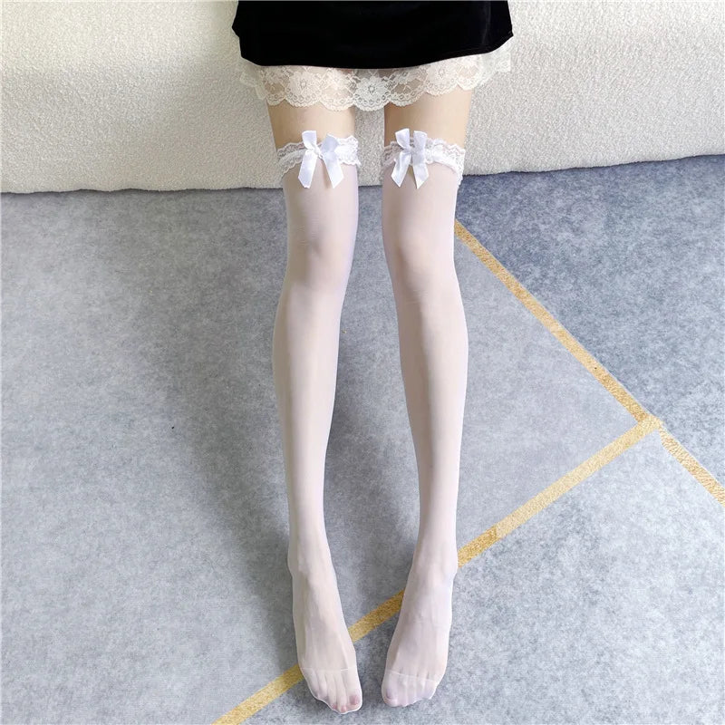 White Silk Bow Stockings Women's Japanese JK Over-the-knee Stockings Sexy Lace High Thigh Fishnet Socks Long Lolita Socks