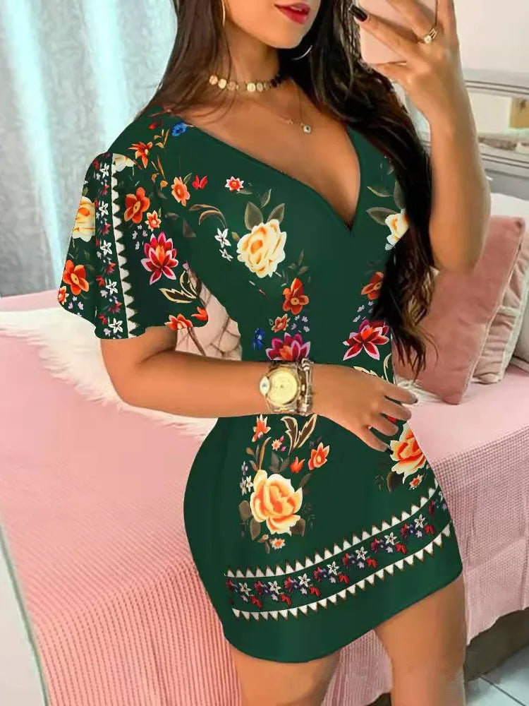 Summer Elegant Floral Print Bodycon Mini Dress Women 2024 Fashion Sexy Deep V-neck Package Hip Dresess Office Lady Party Dress - Seprincess