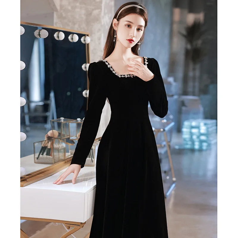 Elegant Beading Square Collar Long Sleeve Black Velour Evening Dress Back Zipper Prom Gowns Cheongsam Robe De Soiree Vestidos - Seprincess