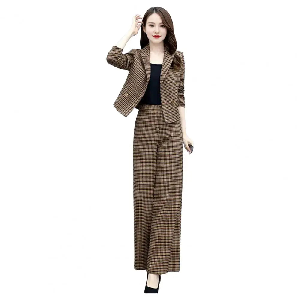 Female Formal Plaid Blazer 2 Pieces Sets Korean Office Long Sleeve Short Suit Tops High Waist Wide Leg Pants Lady OL Outfit - Seprincess