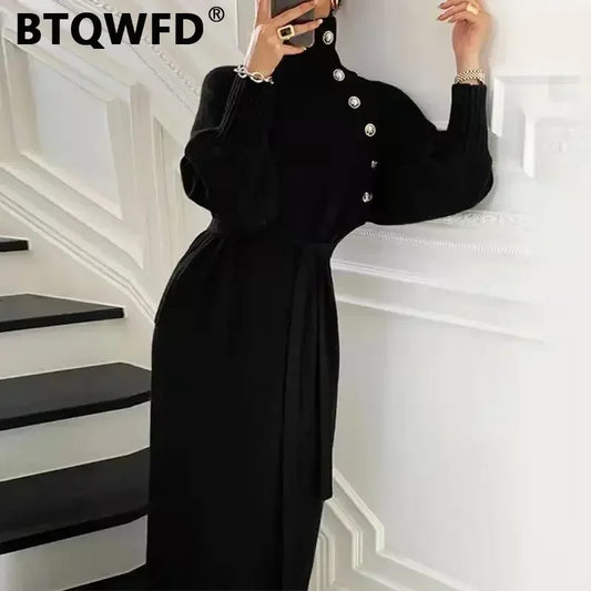 BTQWFD Sweaters Dresses Women's Turtleneck Korean Fashion Knitted Female Clothing Long Sleeves Streetwear 2024 New Autumn Winter - Seprincess