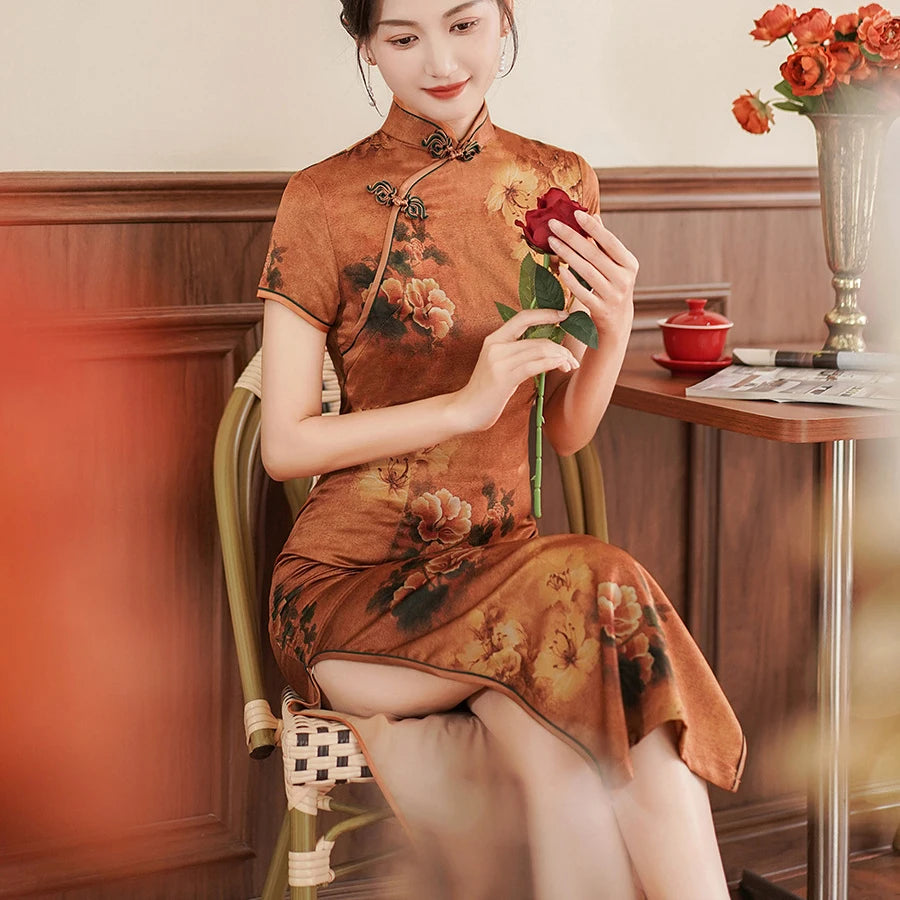 Large Size 4Xl 4Xl 5Xl Chinese Qipao Cheongsam Woman Chinese Traditional Dress Floral Print Slitting Hem Bodycon Sexy Vestidos - Seprincess