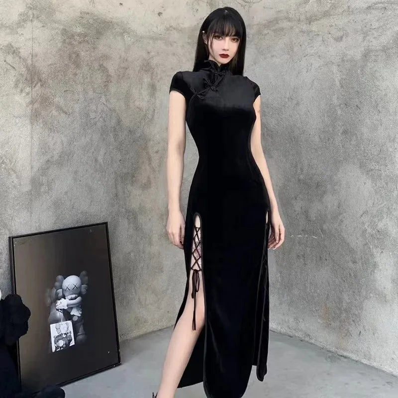 Chinese Retro Black Cheongsam Lady Elegant Evening Dresses Party Gothic Qipao Women High Split Bandage Sexy Oriental Long Dress - Seprincess