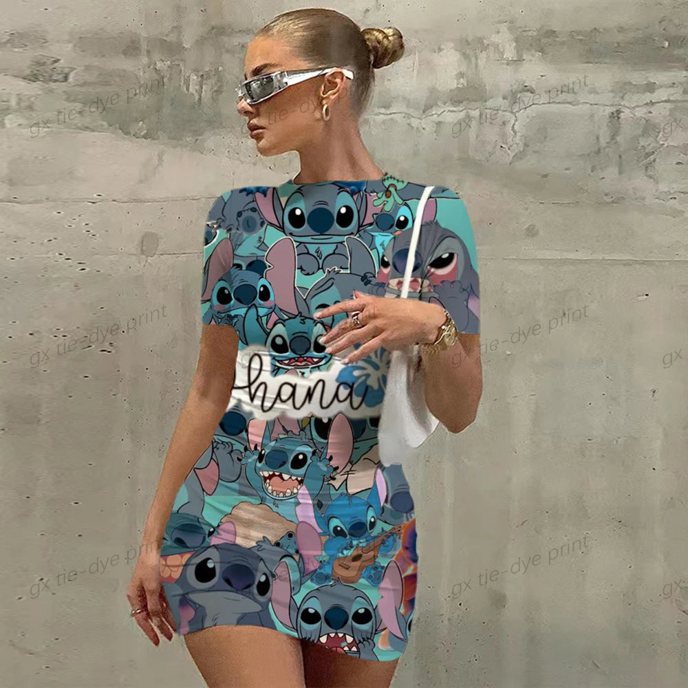 Elegant Women's Dress 2024 Top Sexy Slim Fit Lilo&Stitch Tight Women's Dress Casual Disney Cartoon Fashion Print Mickey 3XL - Seprincess