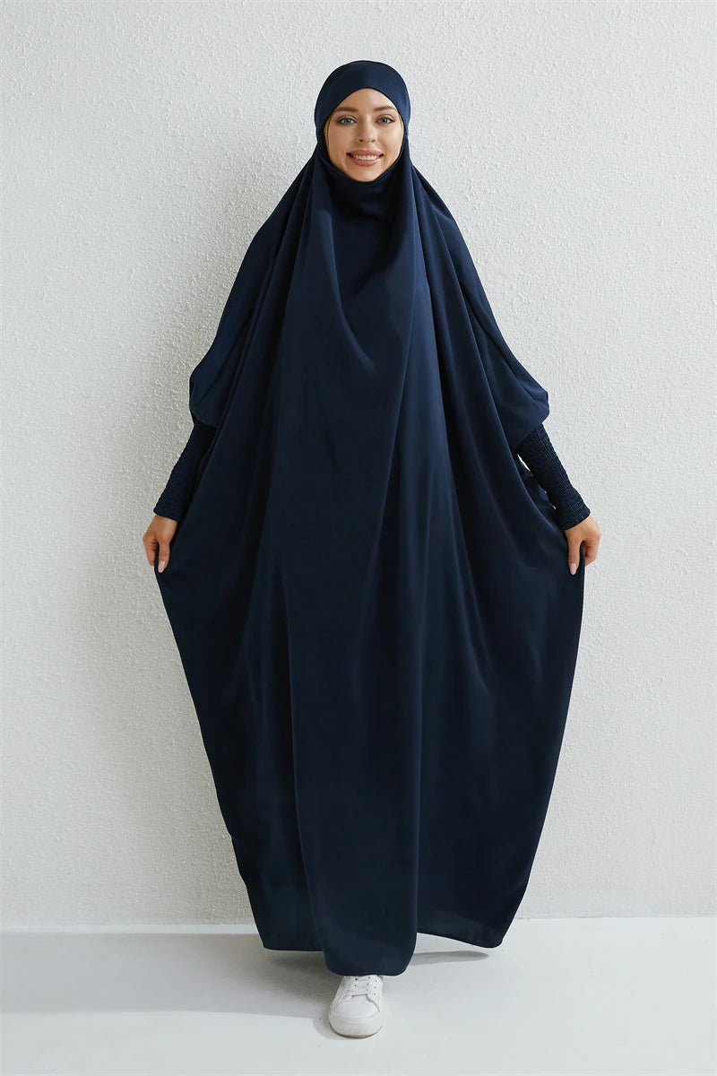 Muslim Abaya Hooded Smocking Sleeve One-piece Prayer Dress Women Jilbab Islamic Clothing Dubai Saudi Black Robe Turkish Modesty - Seprincess