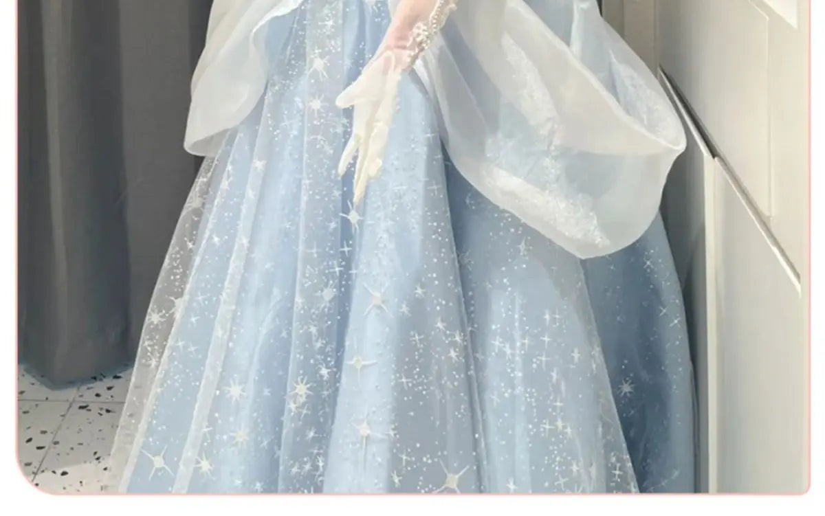 Blue Prom Dress Engagement Jacquard Dress France Vintage Sweet Korean Princess Fairy Dress Evening Party Dress - Seprincess