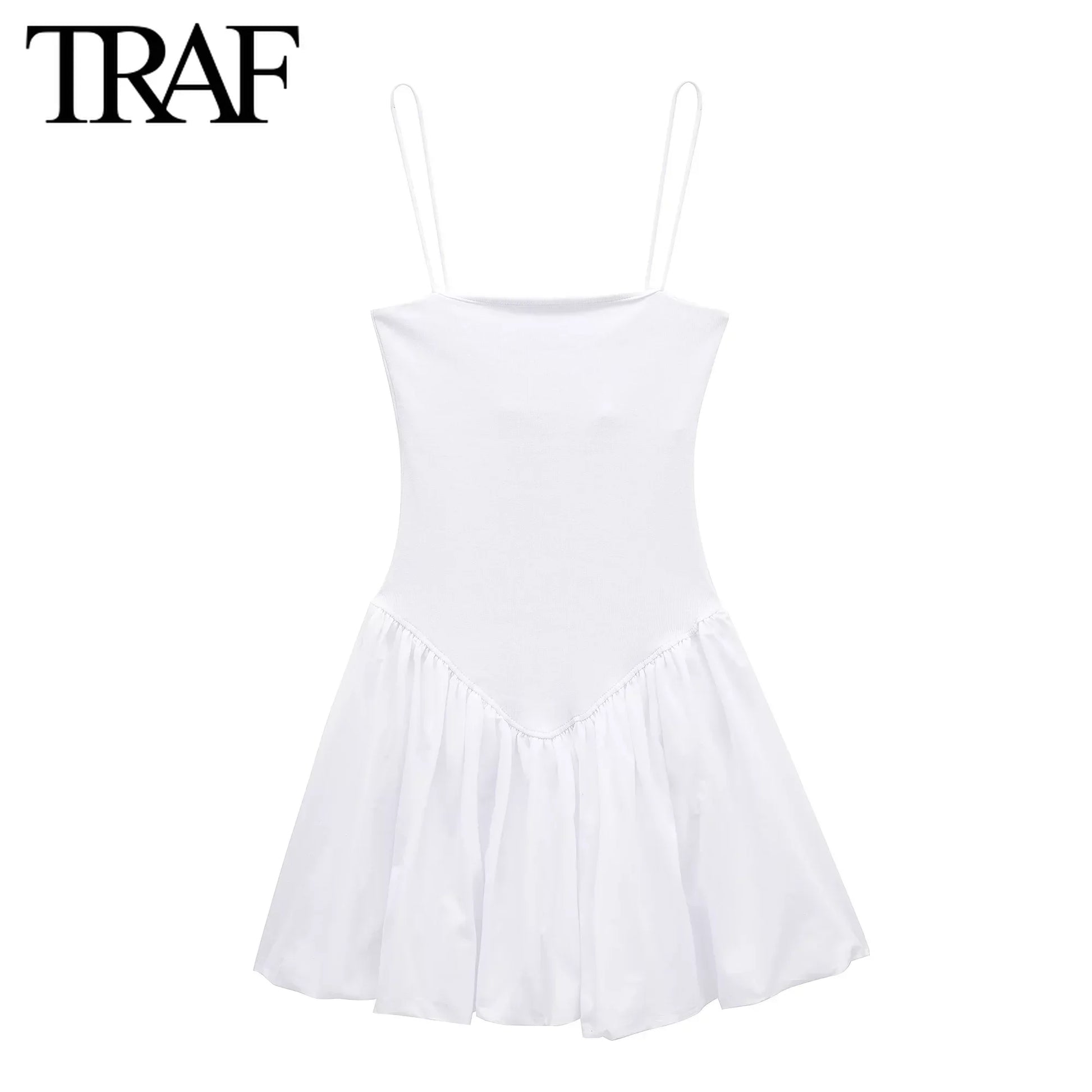 TRAF Women Fashion Summer Sexy Sling Backless Puffy Poplin Rib Stitching Dress Chic Female French Elegant Evening Mujer - Seprincess