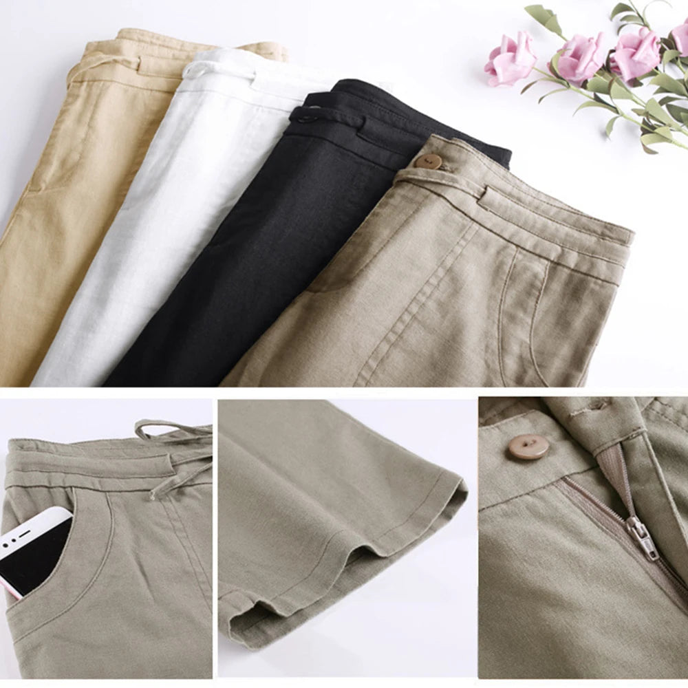 Women Drawstring Casual Cotton Linen Pants Solid White Black Khaki Breathable Summer Thin Straight Leg Loose Trousers S 4XL