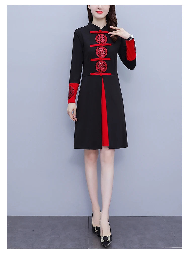 Women's Autumn New Red Festive Dress Slim Retro Improved Cheongsam Chinese Traditional Qipao Dress Plus Size M-5XL - Seprincess