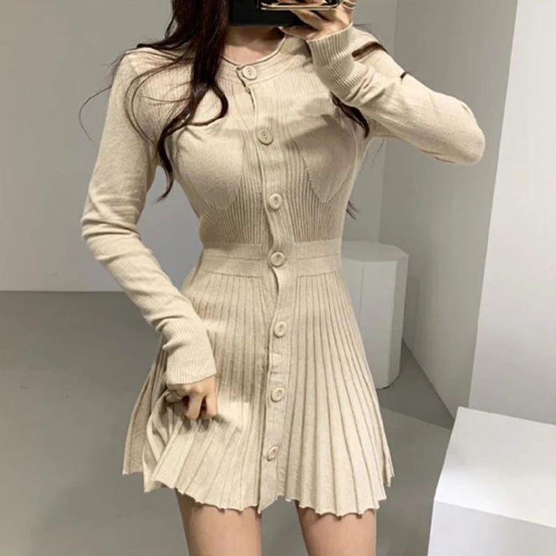 MEXZT Knitted Pleated Mini Dress Women Vintage Black Sweater Dresses Winter Korean Elegant Long Sleeve Pink Bodycon Vestidos New - Seprincess