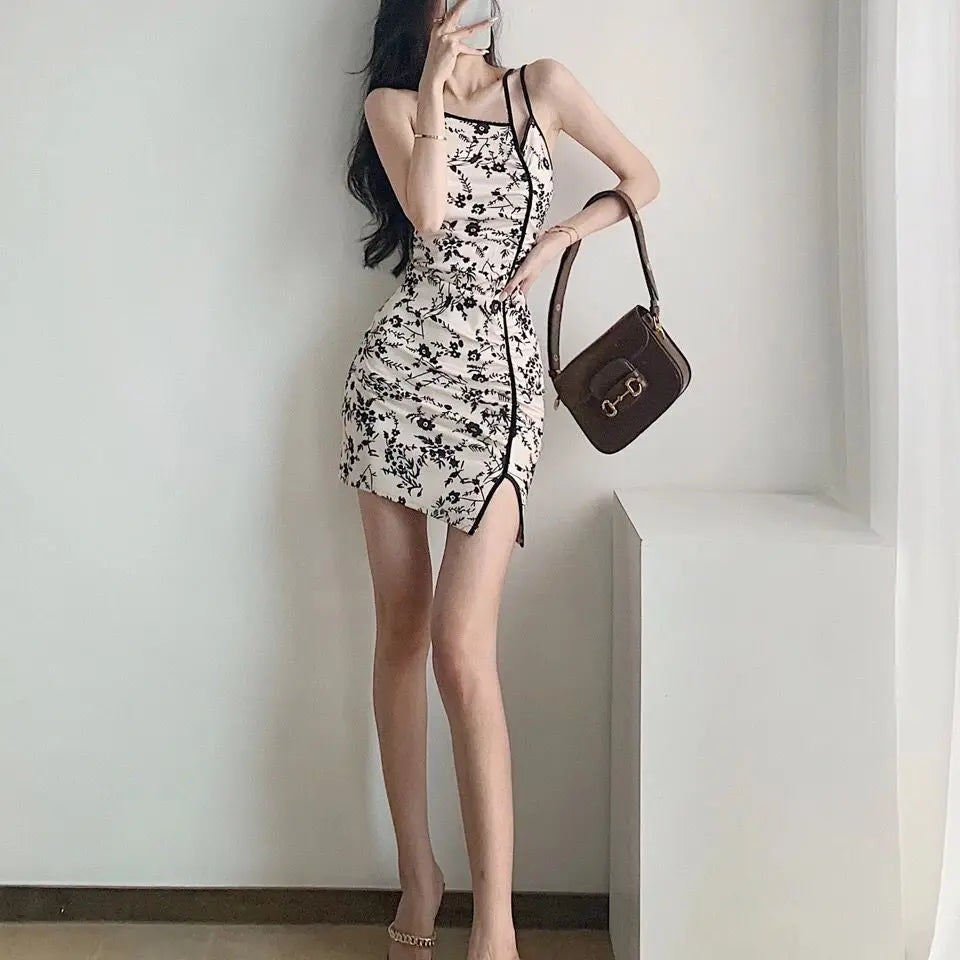 2024 summer slit slimming improved chinese style sexy fold design cheongsam floral printed halter sleeveless qipao dress w715