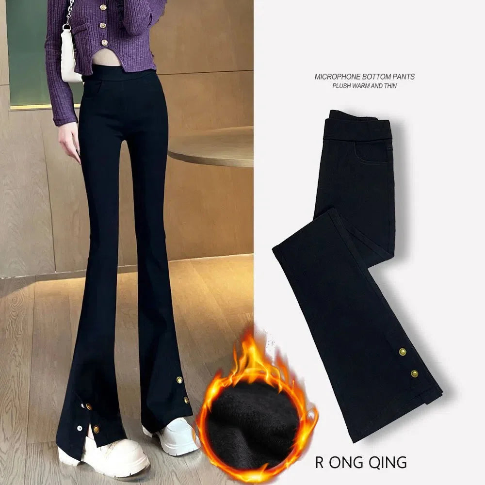 New Autumn Winter Pants High Waist Women Vintage Flared Pants Fashion Long Trousers Solid Slim Split Casual Pants Fur & Normal