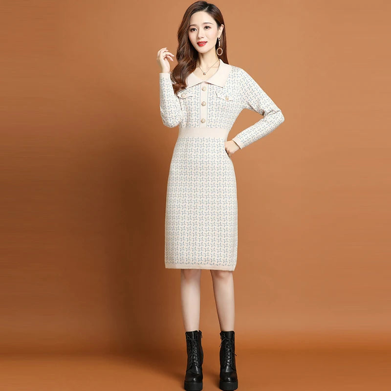 Office Lady Korean Fashion Knitted Solid Slim Dress Women's Winter Long Sleeve Warm Elegant Knee Length Tunics - Seprincess