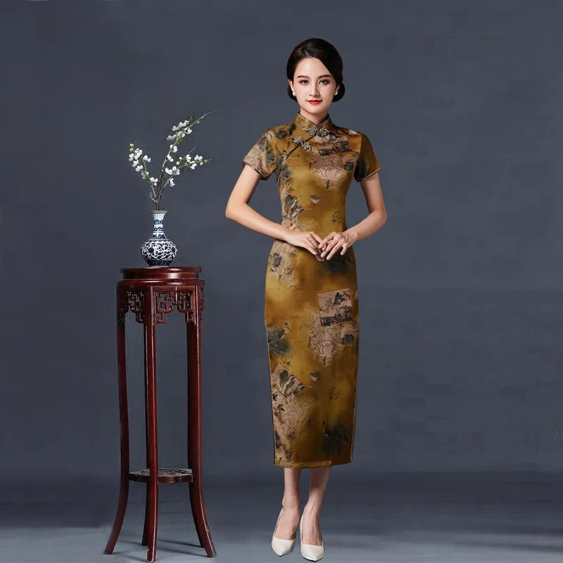 2023 New Vintage Long Cheongsam Women Sexy Slim Split Qipao Classic Chinese Traditional Dress Print Flower Evening Party Dress - Seprincess