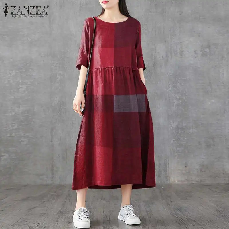 ZANZEA Women Cotton Linen Dresses Vintage Plaid Half Sleeve Midi Vestidos Casual O-neck Long Sundress 2023 Holiday Pocket Robes - Seprincess