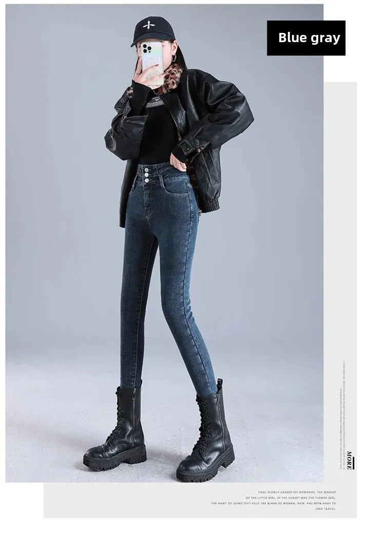 2023 Winter New Women's High-Waisted Elastic Korean Style Slimming Thickened Warm Fleece-Lined Jeans Outer Wear Small Foot Trous