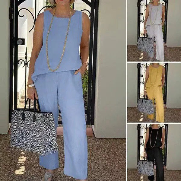 2024 Women's Pant Set Summer Casual Solid Sleeveless Tops And Ankle Length Pants Cotton Linen Two Piece Suits New Ladies Outfit - Seprincess