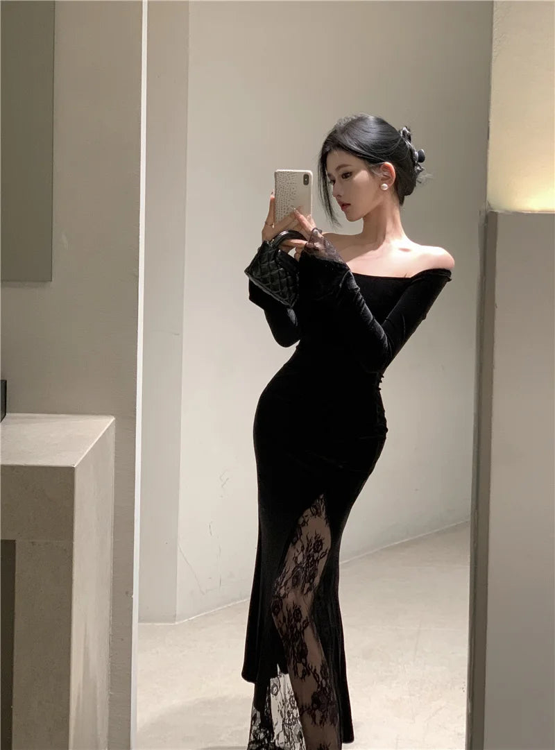 Women's Sexy Black Velvet Dress Elegant Chic Off Shoulder Lace Split Evening Party Dresses Autumn Female Bodycon Vestidos Mujer - Seprincess