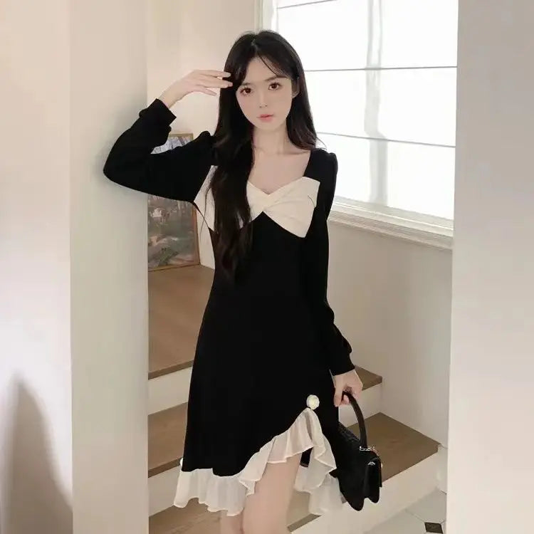 Spicy Girl Irregular Black Long Sleeved Dress Plus Size Women's Clothing Fat Mm Slimming Dress Black Dress High-end - Seprincess