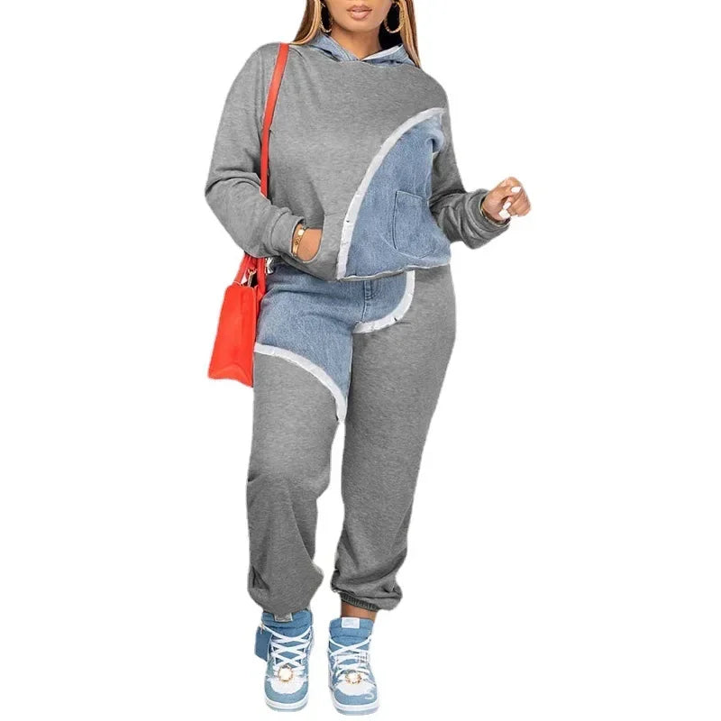 Women Two Piece Sets Tracksuit Autumn Jeans Splicing Hooded Top Sweatshirts Pocket Jogger Pants Suit Loose Female Office Lady - Seprincess