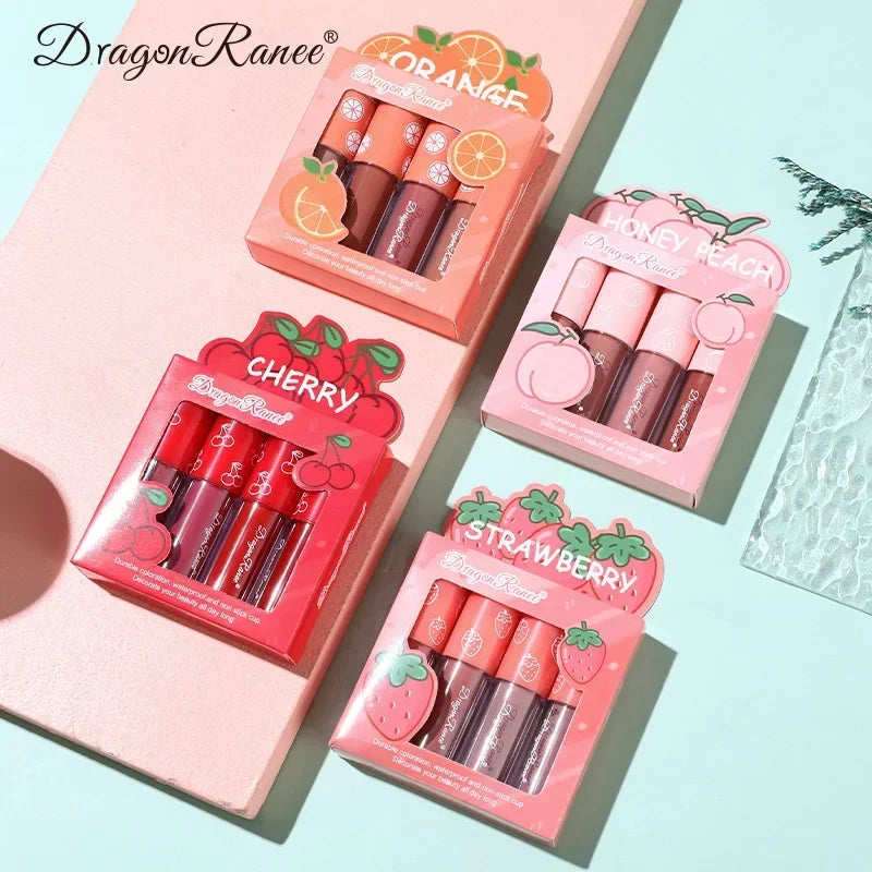 4pcs/set Matte Fruit Lip Glaze Long Lasting Liquid Lipsticks Mini Matte Lip Glaze Set Non-Fade Non-Stick Waterproof Lipsticks - Seprincess