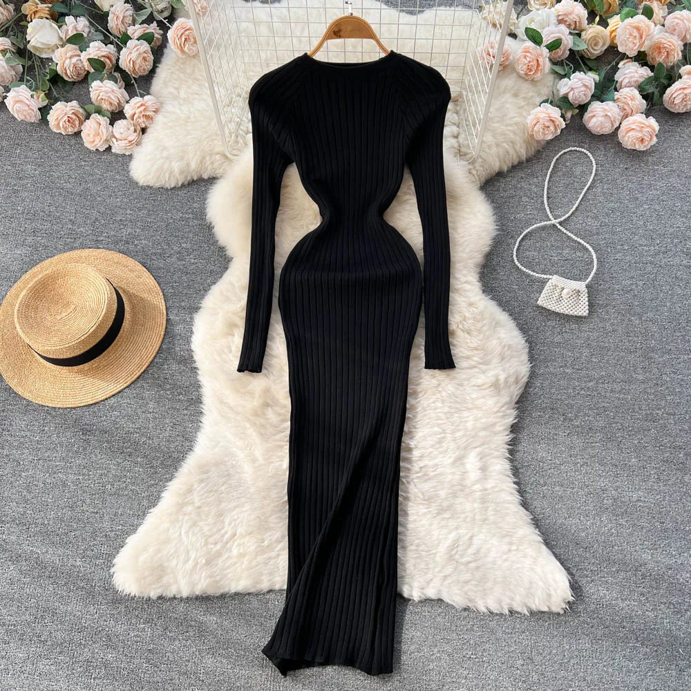 SINGREINY Winter Women Knit Maxi Dress O Neck Autumn Long Sleeve Slim Solid Harajuku Ladies Fashion Pencil Sweater Long Dresses - Seprincess