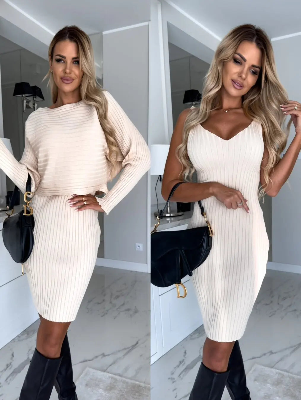 Chic Dress for Woman 2023 Winter Fashion Slim Fit Sexy Solid Two Piece Mid length Women Elegant Knitted Pit Stripe Dress Vestido - Seprincess